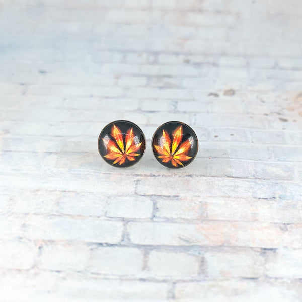 Marijuana Leaf Earrings | 12mm Studs | Black & Orange