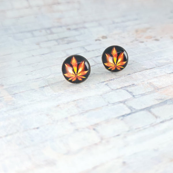 Marijuana Leaf Earrings | 12mm Studs | Black & Orange
