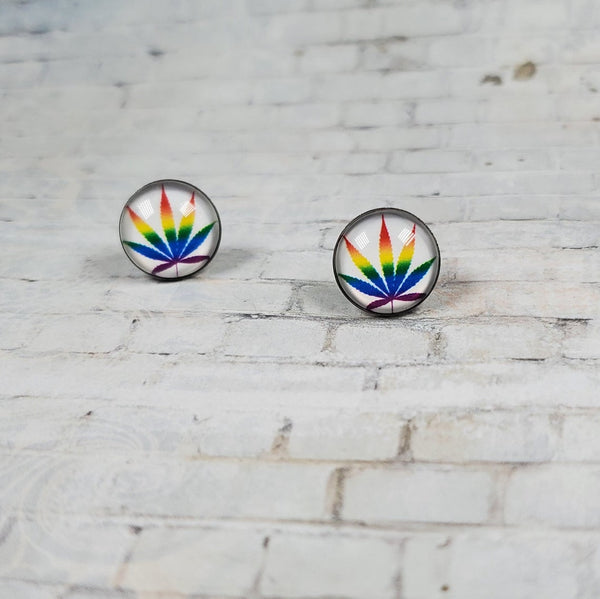 Marijuana Leaf Earrings | 12mm Studs | Rainbow