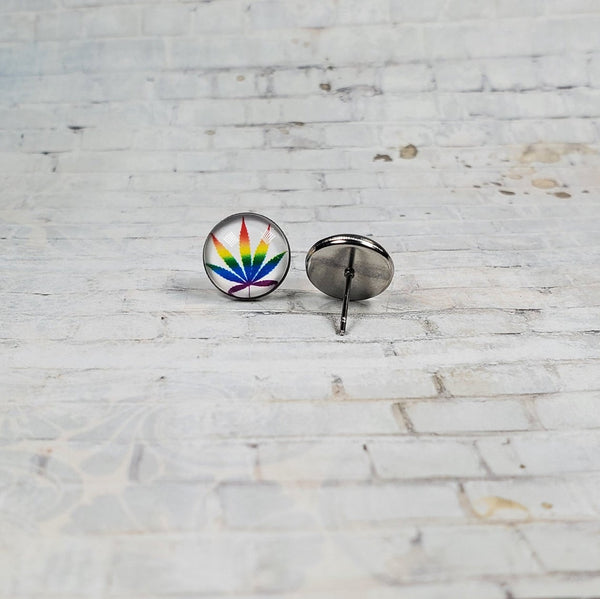 Marijuana Leaf Earrings | 12mm Studs | Rainbow