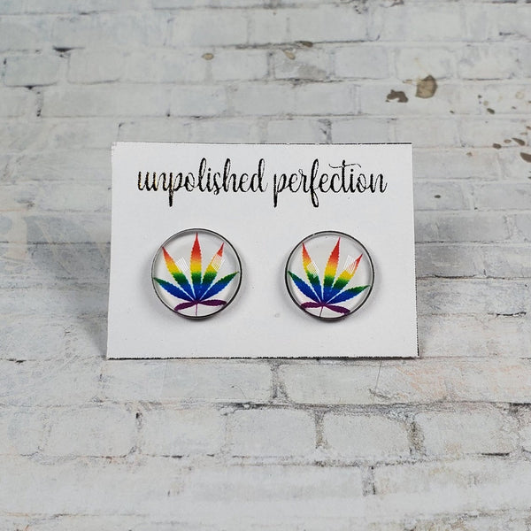 Marijuana Leaf Earrings | 12mm Studs | Rainbow