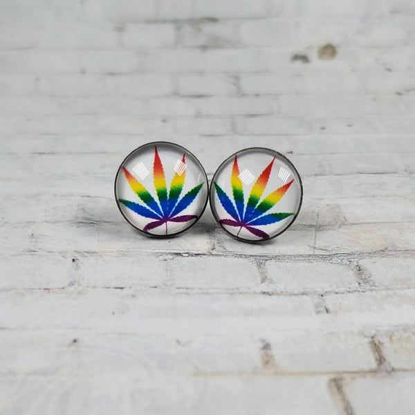 Marijuana Leaf Earrings | 12mm Studs | Rainbow